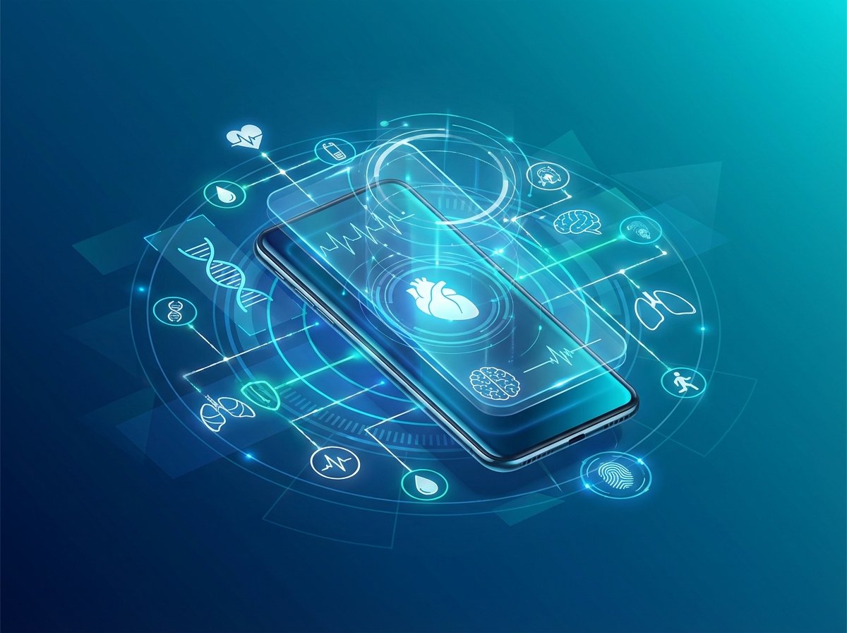 A futuristic yet clean visualization of human health data represented by glowing lines and icons around a smartphone, deep blue and teal gradient background, professional digital art style, 4:3 aspect ratio, no text.