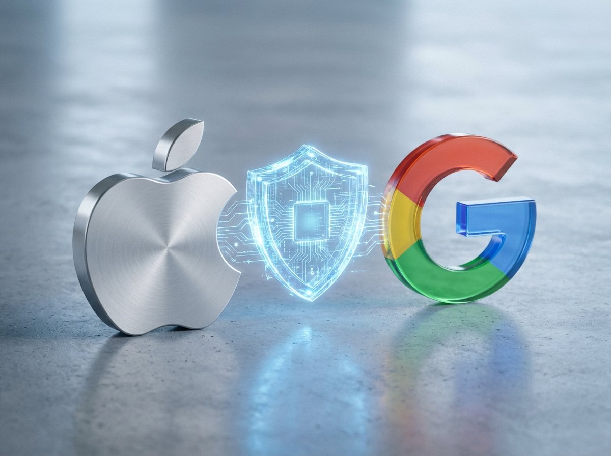 A high-quality conceptual image showing a sleek silver Apple logo and a colorful Google G logo side by side, connected by a glowing blue translucent shield representing digital privacy. Modern and clean aesthetic, 4:3 aspect ratio, no text.