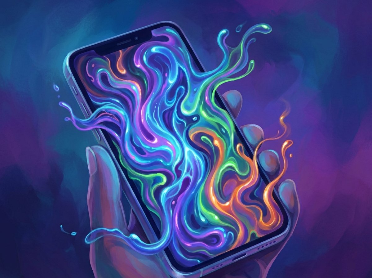 An artistic illustration of a smartphone screen glowing with a colorful, fluid AI interface similar to a smart assistant. The background is a soft gradient of blue and purple. 4:3 aspect ratio, no text.