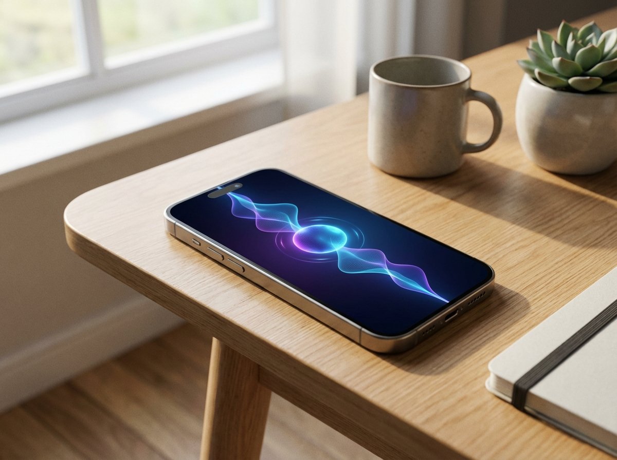 A sleek iPhone 16 Pro displaying a futuristic and minimalist Voice AI Assistant interface with glowing sound waves on the screen. The background is a clean, modern desk with soft morning light. No text on screen. 4:3 aspect ratio.