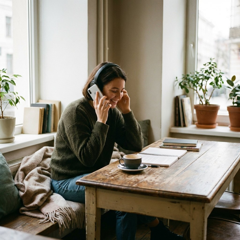 A focused person in a cozy cafe using an iPhone with headphones, interacting with a voice assistant to study from digital documents. Natural lighting, lifestyle photography, warm atmosphere. No text. 1:1 aspect ratio.