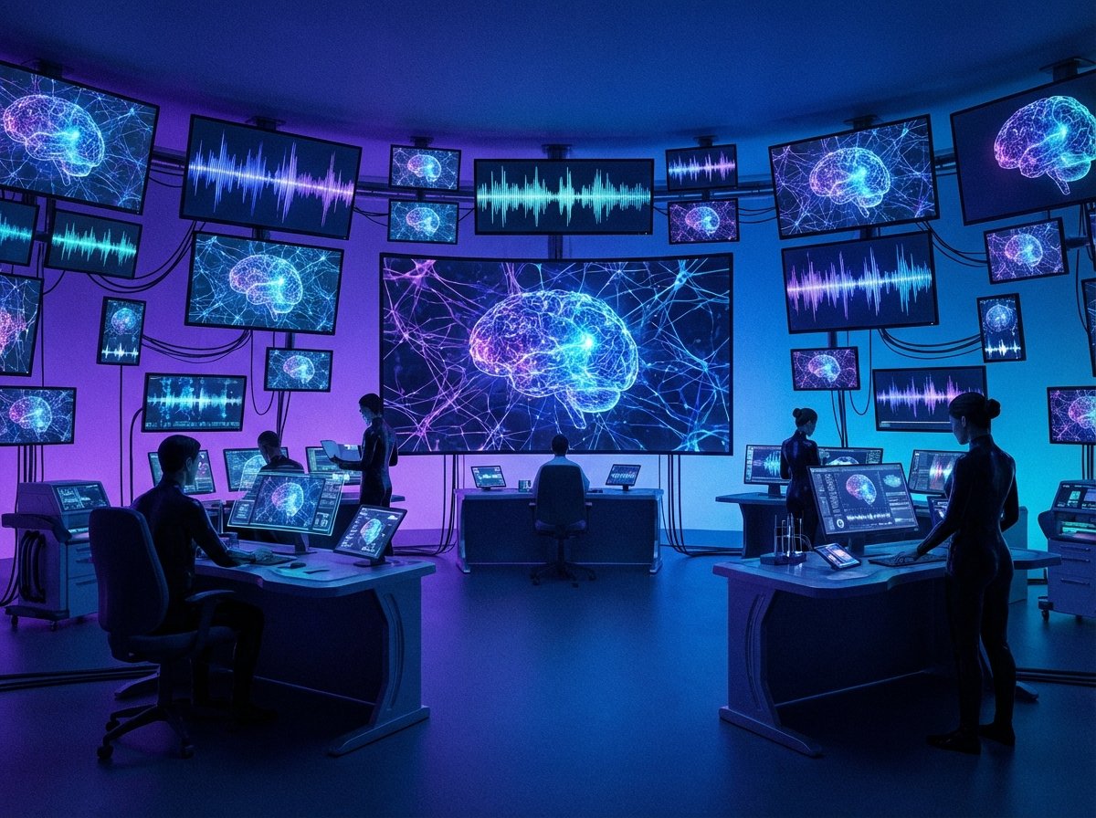 A high-tech research laboratory with multiple screens showing abstract neural network patterns and sound wave visualizations. Professional and innovative atmosphere. Deep blue and purple gradient lighting. No text. 4:3 aspect ratio.