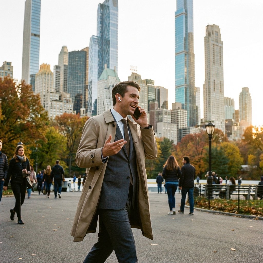 A professional man walking in a city park with AirPods, talking naturally to his phone as if in a meeting. Modern urban background, cinematic lighting, realistic style. No text. 1:1 aspect ratio.