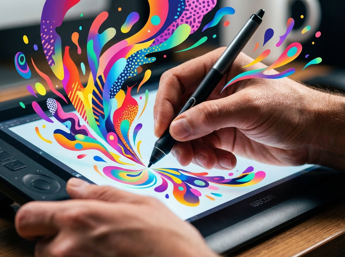 A close-up shot of a designer's hands using a stylus on a digital tablet, vibrant colors and abstract AI generated shapes emerging from the screen, professional studio lighting, 4:3, no visible text