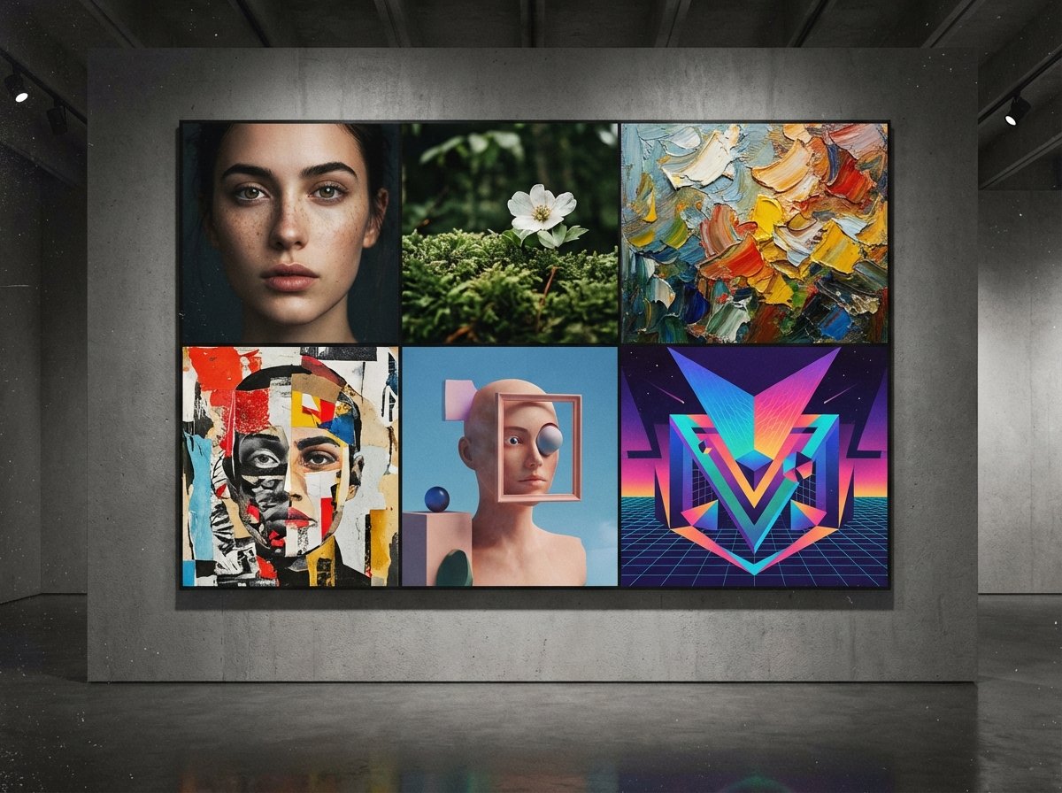 A diverse grid of artistic styles ranging from realistic photography to abstract oil paintings and 3D renders, organized in a modern gallery layout, high contrast, 4:3, no visible text