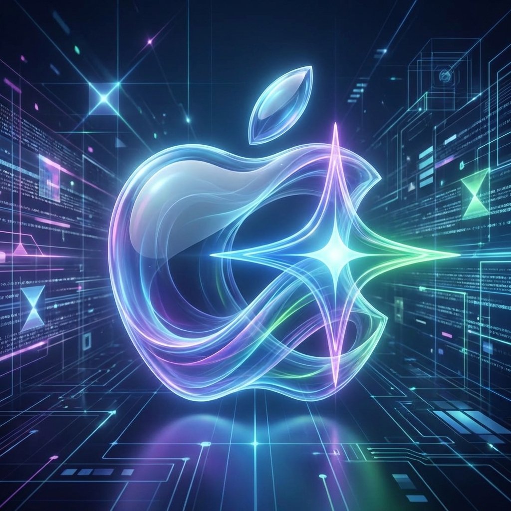 A sleek and modern conceptual illustration showing the Apple logo and the Google Gemini sparkle logo merging in a futuristic digital space. Soft glowing lights, tech-oriented atmosphere, professional and high-quality digital art, 1:1 aspect ratio, no text.