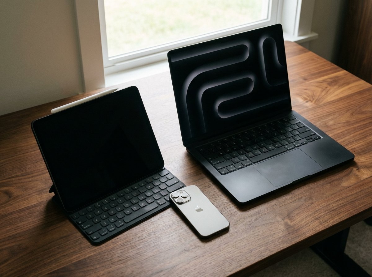 A collection of Apple devices including an iPhone, iPad, and MacBook Pro arranged on a clean wooden desk. High-quality product photography, natural lighting, elegant composition, 4:3 aspect ratio, no text.
