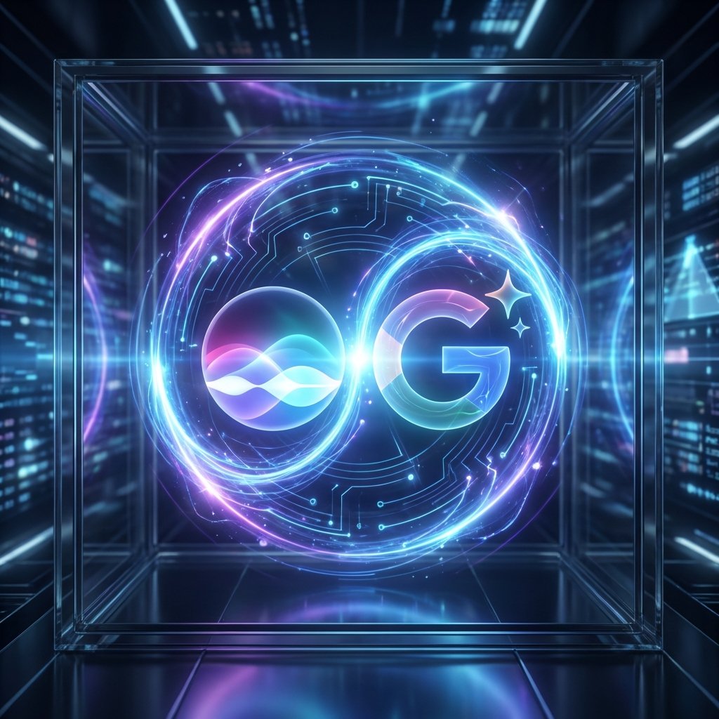 A sleek and modern conceptual visualization of Apple Siri logo and Google Gemini logo merging together in a glowing blue and purple energy field high tech aesthetic 1:1 aspect ratio no text