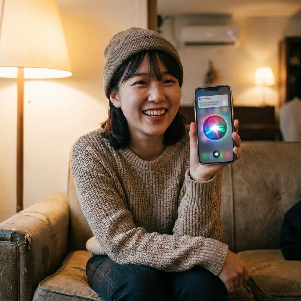 A young Korean person smiling while looking at an iPhone displaying intelligent AI suggestions and a glowing Siri interface, natural lifestyle photography, warm indoor lighting, 1:1, no text