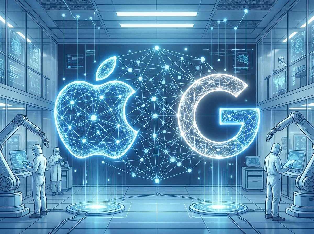 A high-tech conceptual illustration showing a stylized Apple logo and Google logo interconnected by glowing neural network lines, modern laboratory setting, blue and white color palette, 4:3 aspect ratio, no text