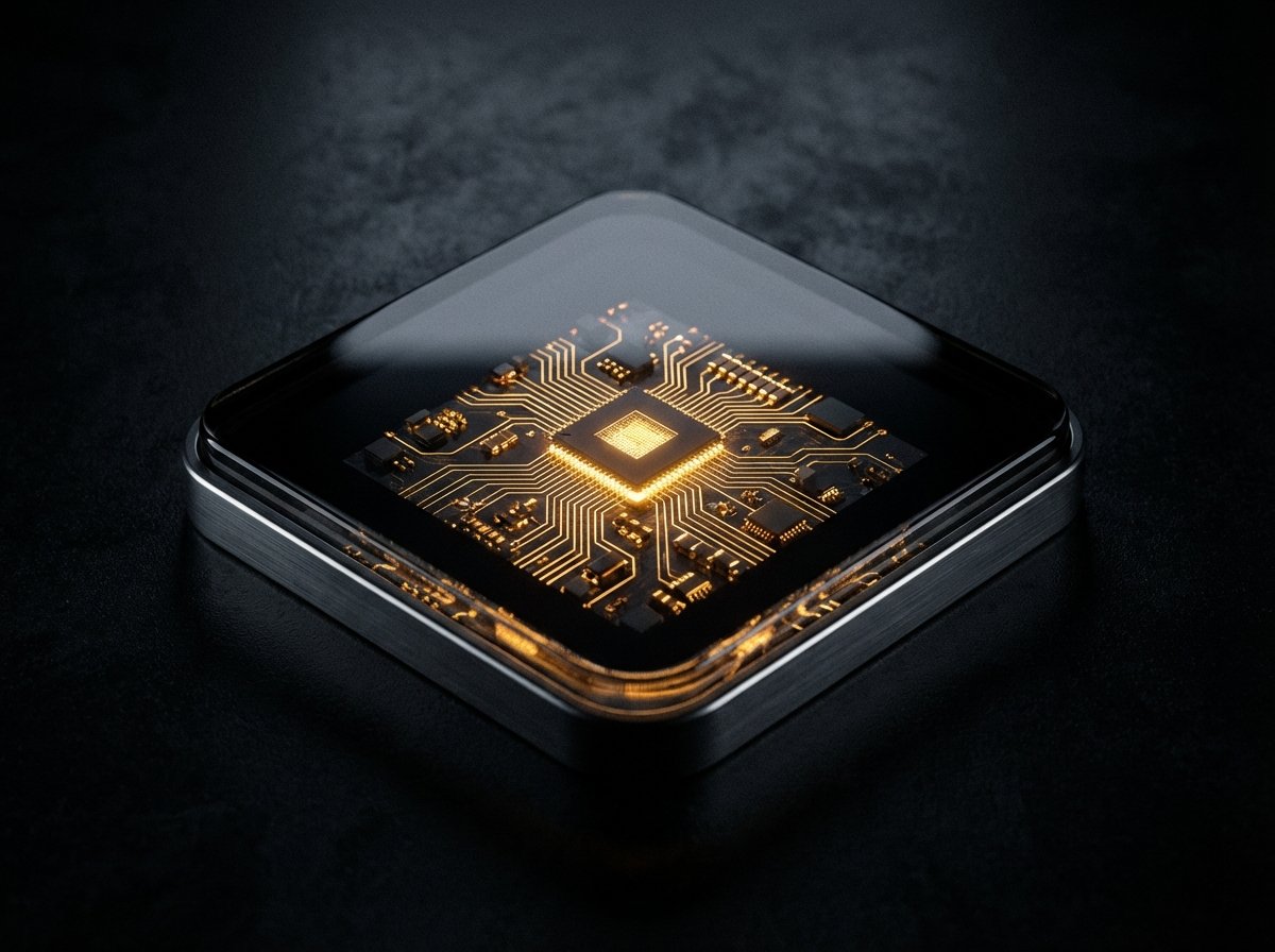Close-up of a futuristic semiconductor chip with Apple aesthetic, glowing golden circuits, dark sleek background, cinematic lighting, 4:3 aspect ratio, no text