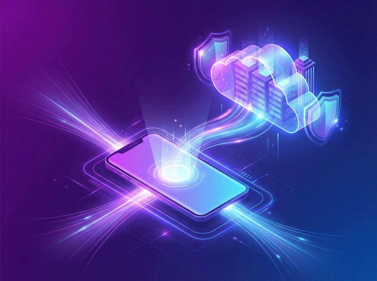 Conceptual illustration showing a glowing smartphone connected by light beams to a secure and elegant cloud server cluster. The design is abstract and futuristic using purple and blue gradients. 4:3 aspect ratio, no visible text.