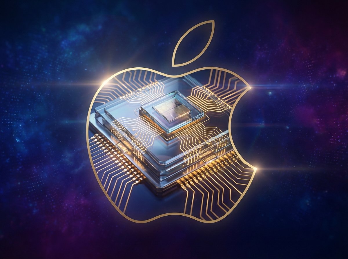 A futuristic and sleek visualization of a high-tech microprocessor chip glowing with golden neural network lines, surrounded by a subtle Apple logo silhouette, set against a deep blue and purple gradient background, cinematic lighting, 4:3 aspect ratio, no text.