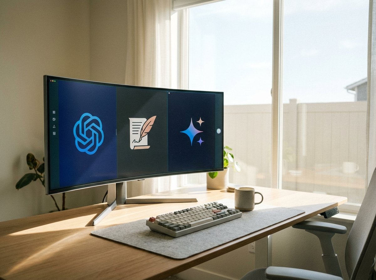 A modern minimalist home office desk with a large high-resolution monitor showing a split-screen interface with multiple AI chatbot logos like GPT, Claude, and Gemini. Bright natural lighting, aesthetic workspace setup, 4:3 aspect ratio, no visible text.