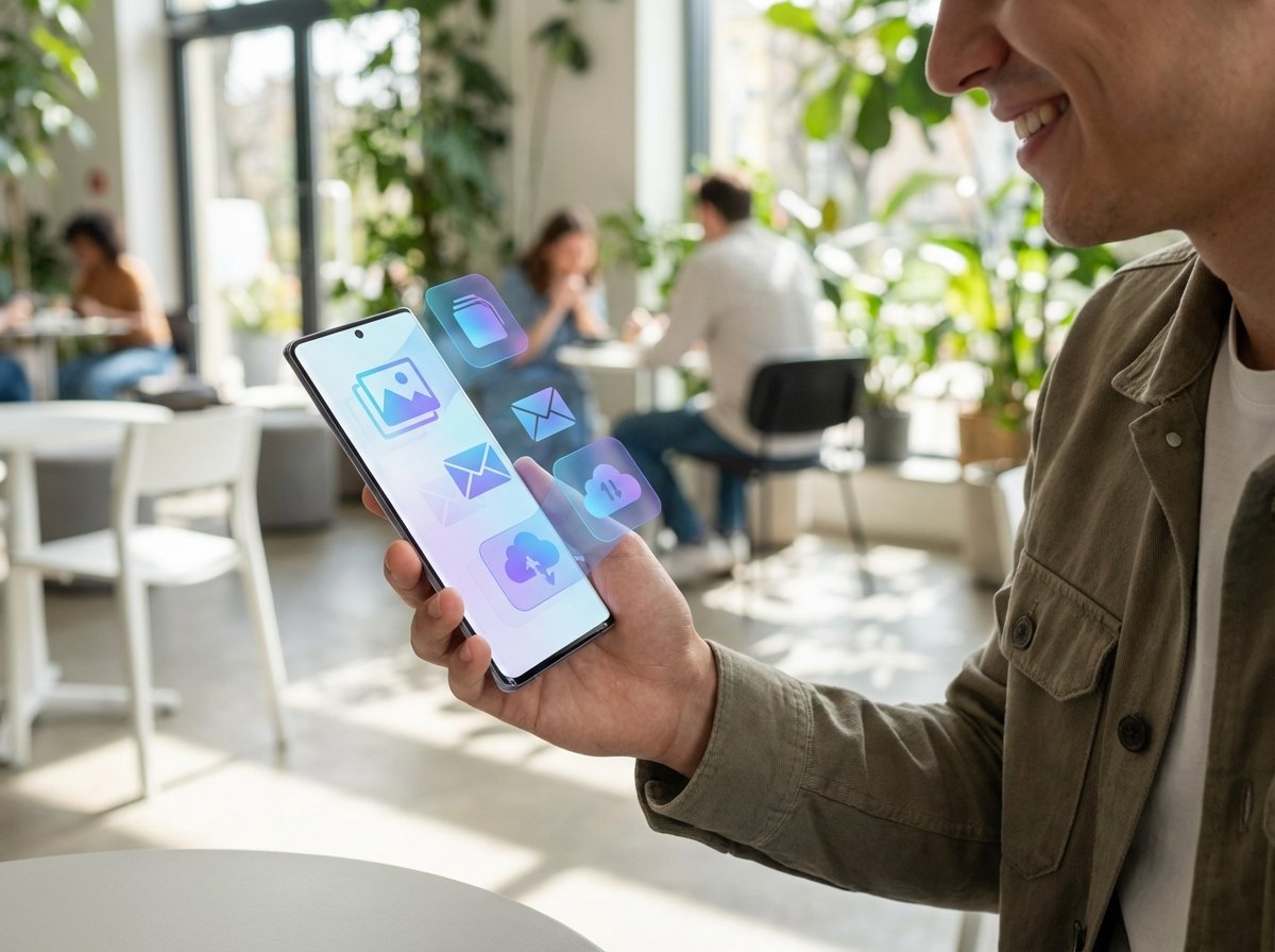 A modern person using a high-end smartphone in a bright cafe, the screen shows a futuristic AI chat interface with personalized data symbols like photos and mail icons, realistic lifestyle photography, 4:3 aspect ratio, no text