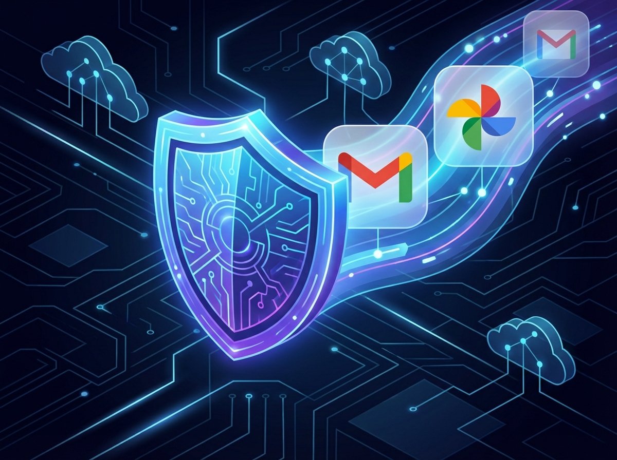 A sleek digital concept art representing data privacy and secure cloud storage, a glowing shield icon combined with Google app icons like Gmail and Photos, modern high-tech layout, high contrast, 4:3 aspect ratio, no text