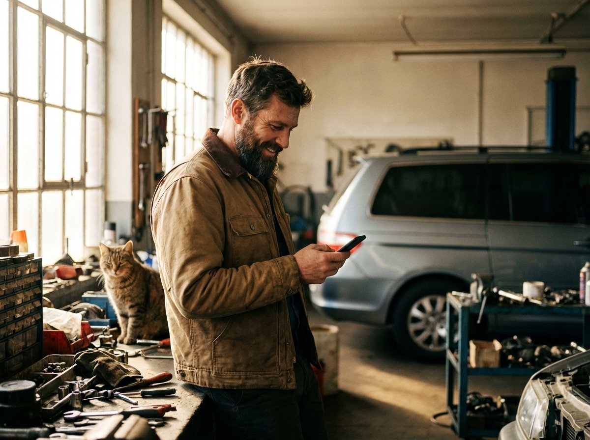 A detailed lifestyle photo of a man standing in a car repair shop looking at his phone, a blurred minivan in the background, warm lighting, natural setting, 4:3 aspect ratio, no text
