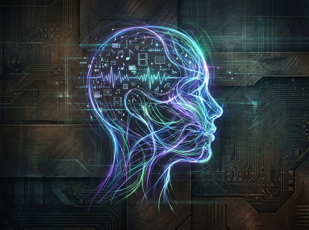 Futuristic illustration of a human profile intertwined with glowing data streams representing personal interests and memories, artistic rendering, textured background, 4:3 aspect ratio, no text