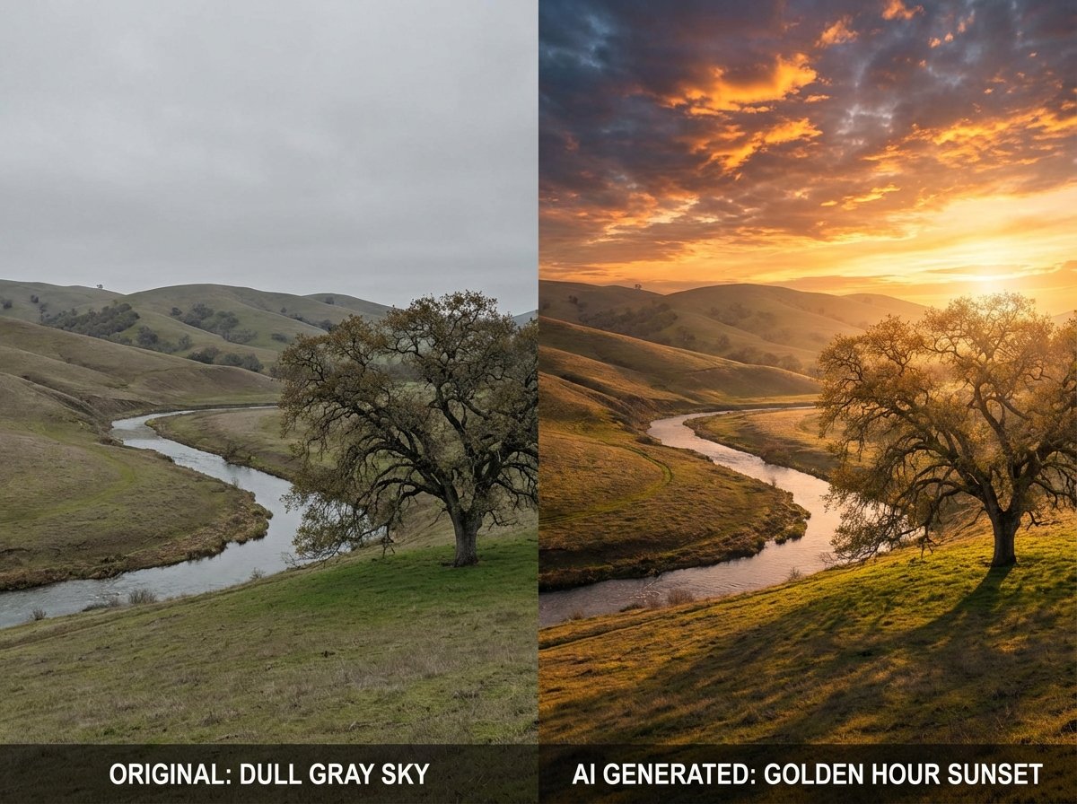 Split screen comparison of a landscape photo, left side with a dull gray sky, right side replaced with a dramatic golden hour sunset using AI, cinematic lighting, realistic digital art style, 4:3