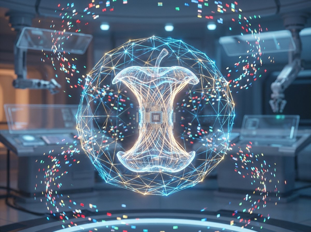 A futuristic and clean conceptual illustration of Apple's Manzano AI model, showing a glowing apple core integrated with complex digital neural networks and colorful image pixels swirling around it, high-tech laboratory background, cinematic lighting, 4:3 aspect ratio, no visible text