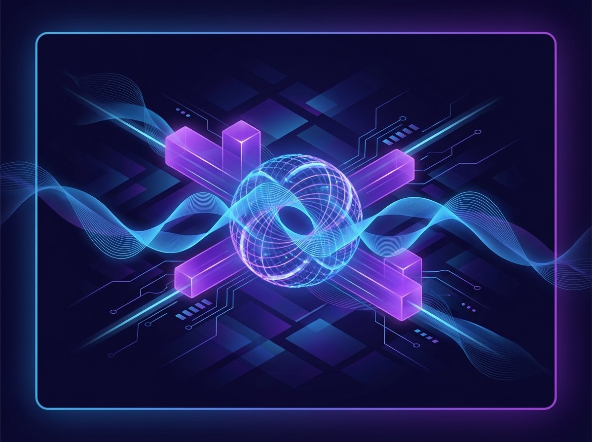 A modern and clean infographic style illustration showing a hybrid AI architecture, blending continuous wave forms and discrete digital blocks into a central core, vibrant blue and purple gradients, professional technology layout, 4:3 aspect ratio, no visible text