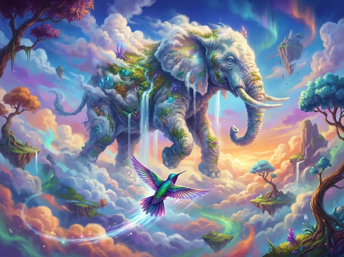 A creative digital art showing a surreal scene where a small colorful bird is flying underneath a giant floating elephant in the clouds, dreamlike atmosphere, high detail, vibrant colors, 4:3 aspect ratio, no visible text