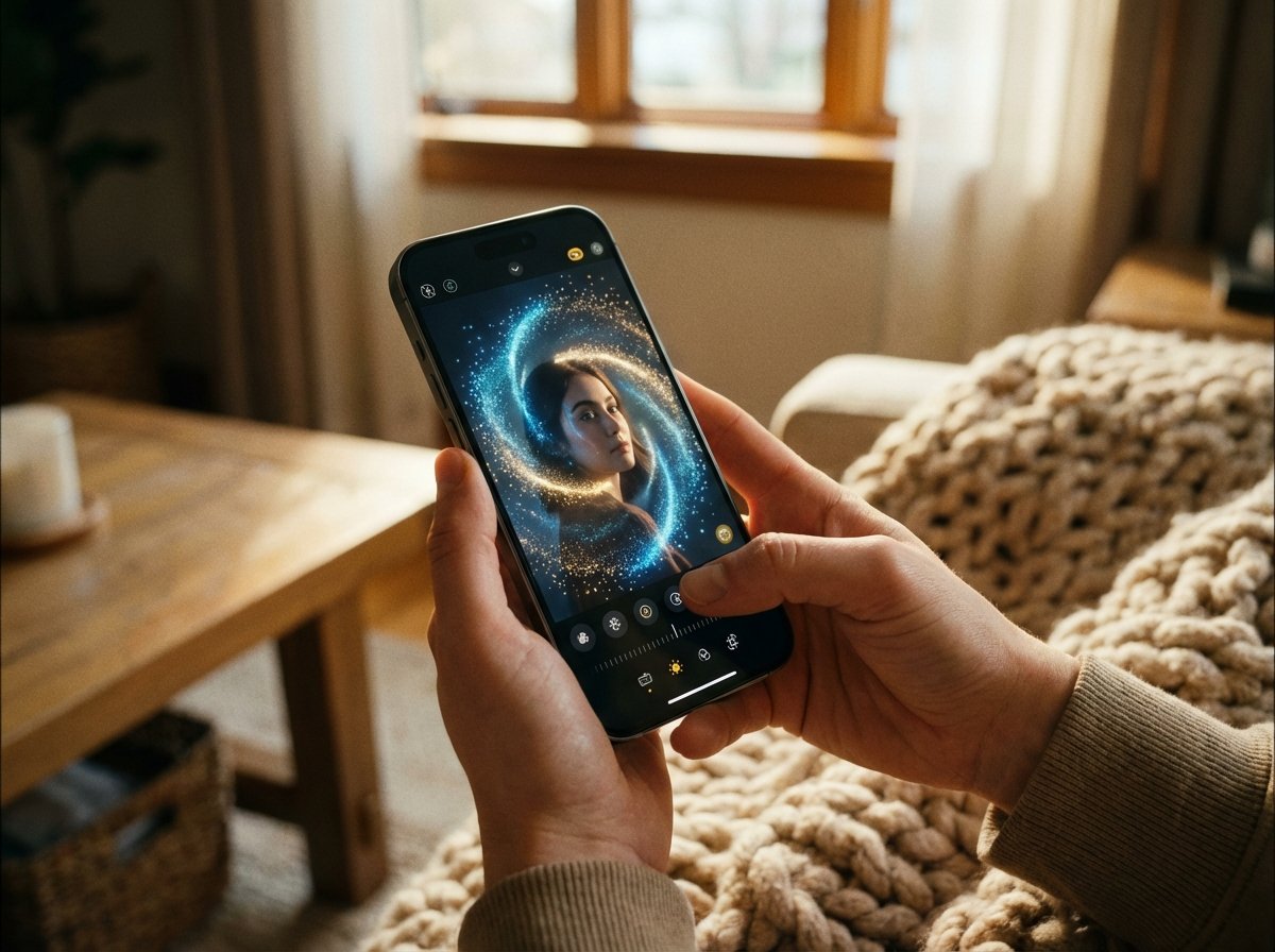 A lifestyle photography of a person's hands holding a modern iPhone, the screen shows a sophisticated AI photo editing interface with glowing effects, warm natural indoor lighting, cozy atmosphere, 4:3 aspect ratio, no visible text
