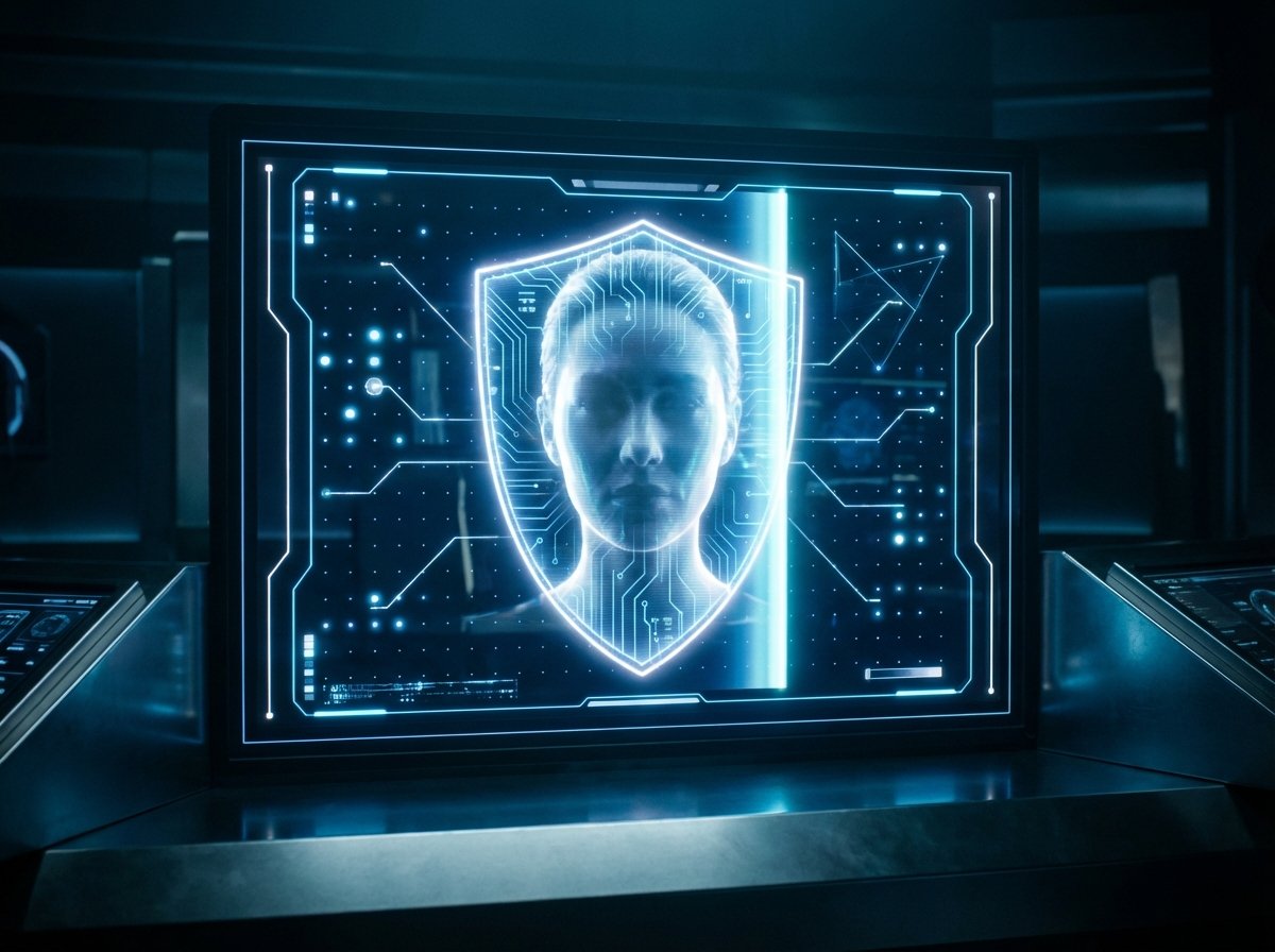 A high-tech digital interface showing a portrait of a person being scanned by a shield-shaped filter, symbolizing AI protection and privacy measures, blue and white neon colors, cinematic lighting, 4:3 aspect ratio, no text.