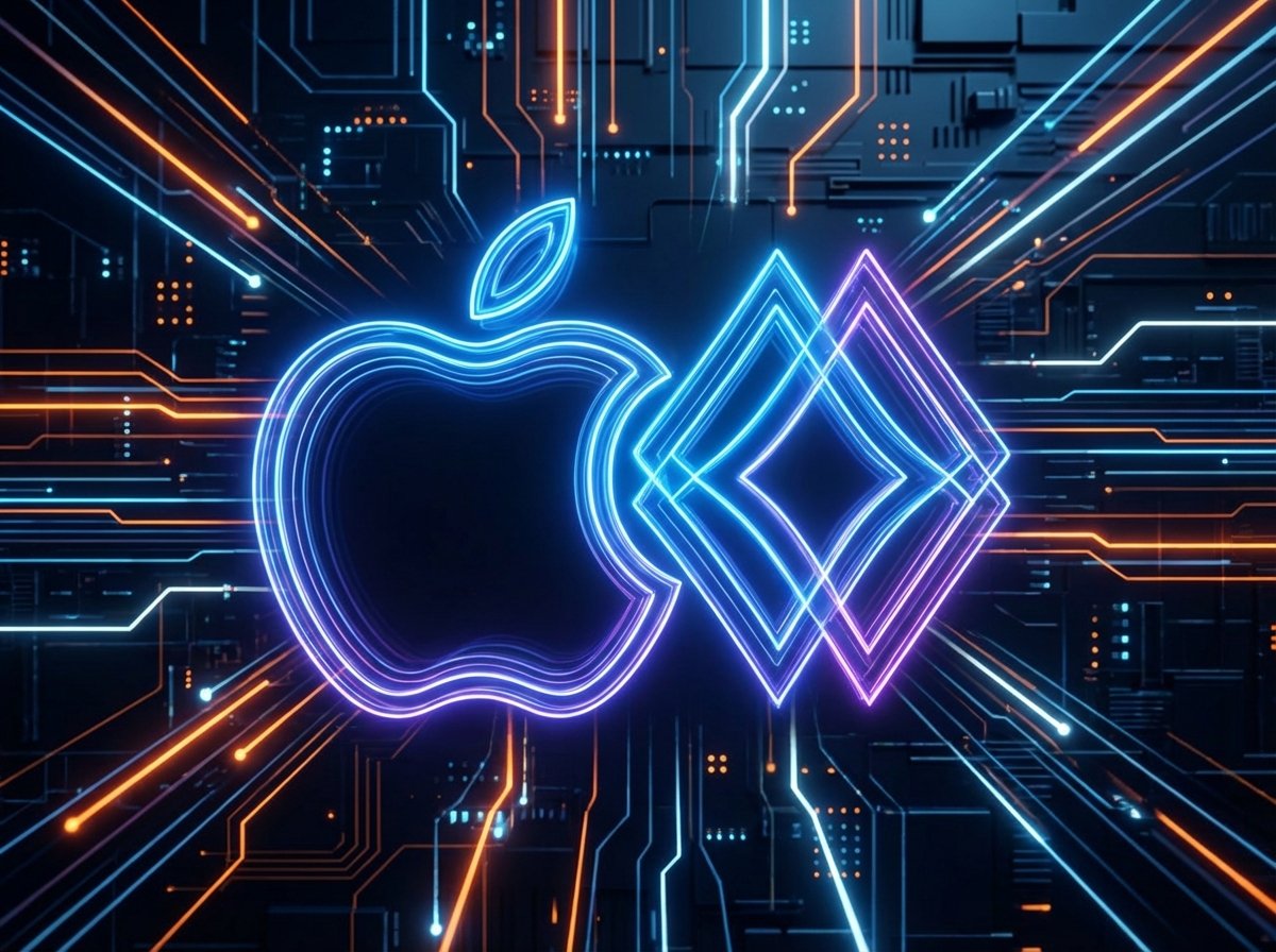 A sleek and modern conceptual image showing the Apple logo and Google Gemini logo integrated together on a glowing digital circuit background, high contrast, cinematic lighting, 4:3 aspect ratio, no text