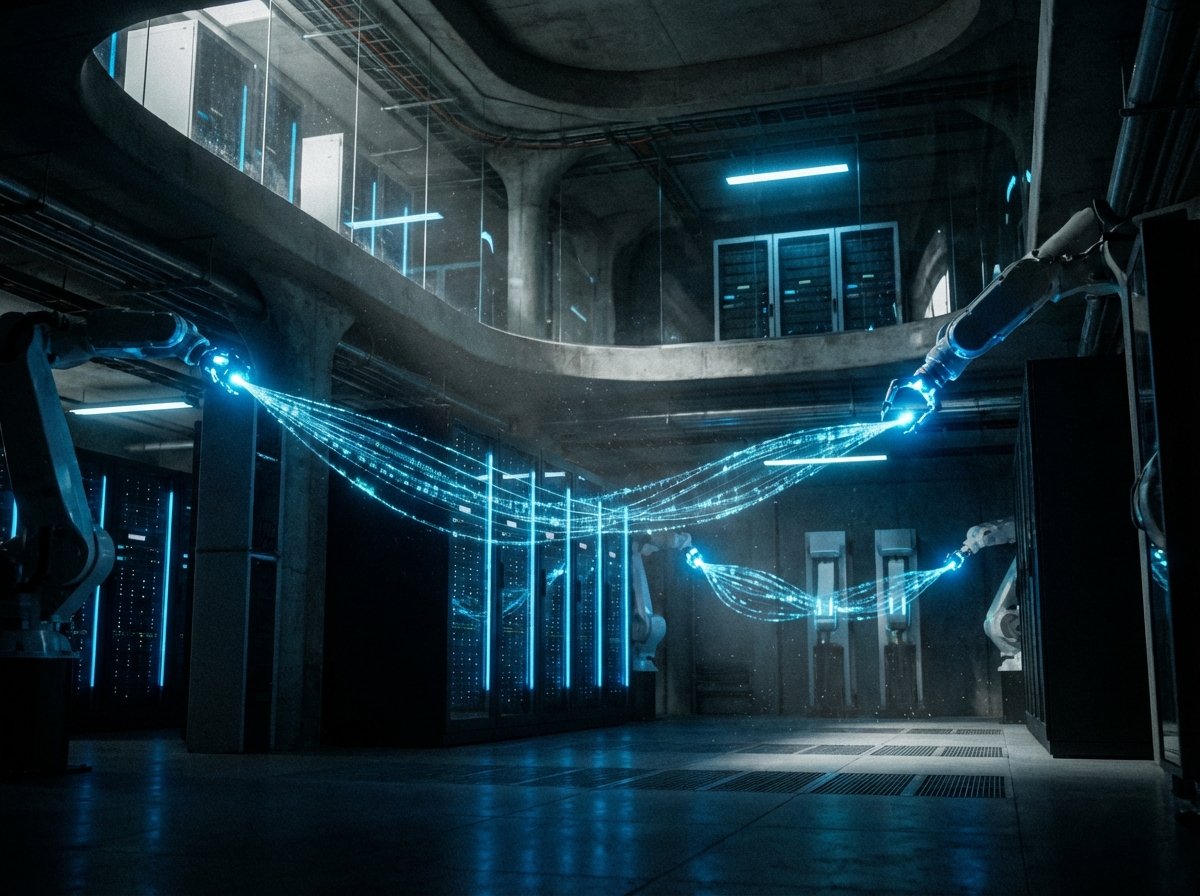 A cinematic shot of a futuristic data center with glowing blue lights and translucent digital strings representing data being extracted by robotic arms, high contrast, professional photography, 4:3 aspect ratio, no text