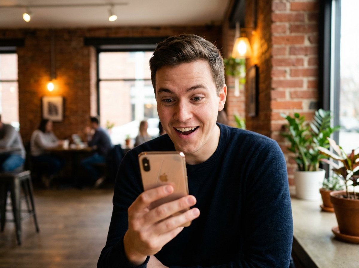A person looking at an iPhone screen with a natural expression of surprise and joy, warm lifestyle lighting, modern coffee shop background, 4:3 aspect ratio, no text