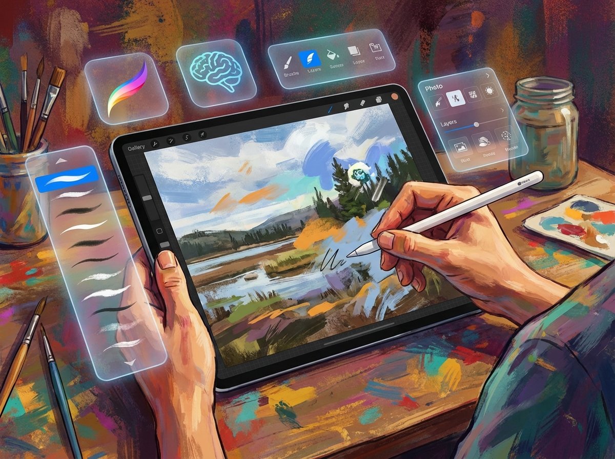 Digital illustration of a creator using an Apple Pencil on an iPad Pro to edit photos with AI assistance, holographic menus showing creative tools, artistic rendering, textured background, vibrant colors, 4:3, no text