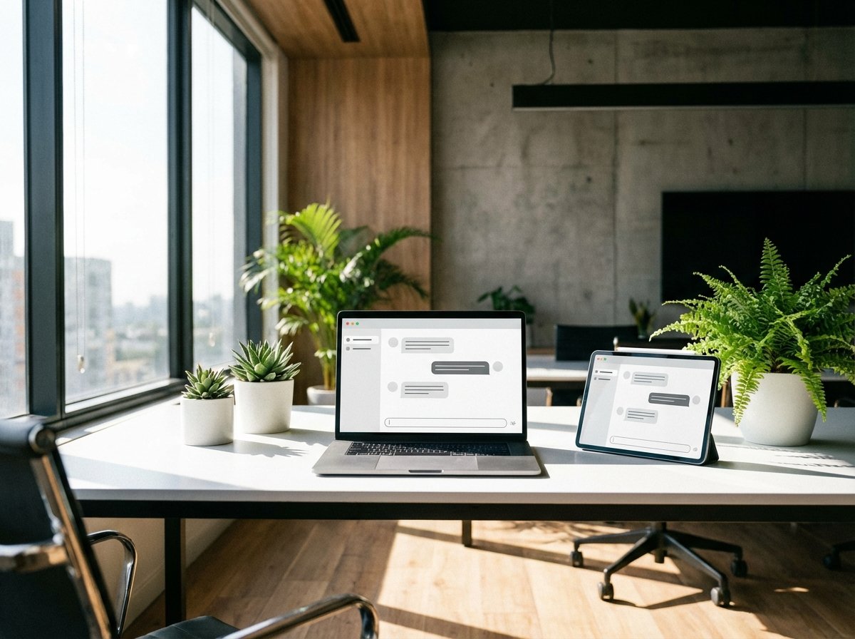 A professional workspace with a laptop and tablet, showing an AI chat interface. Natural sunlight streams through a window, and there are small plants on the desk. High contrast, clean layout. 4:3, no visible text.