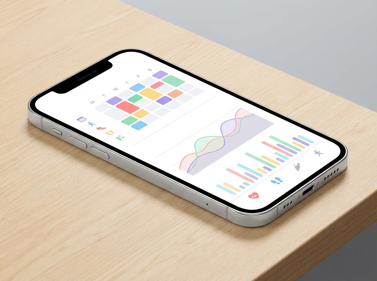 A high-quality rendering of a health and calendar app on an iPhone showing smart scheduling and health coaching graphs, minimalist UI, 4:3, no text