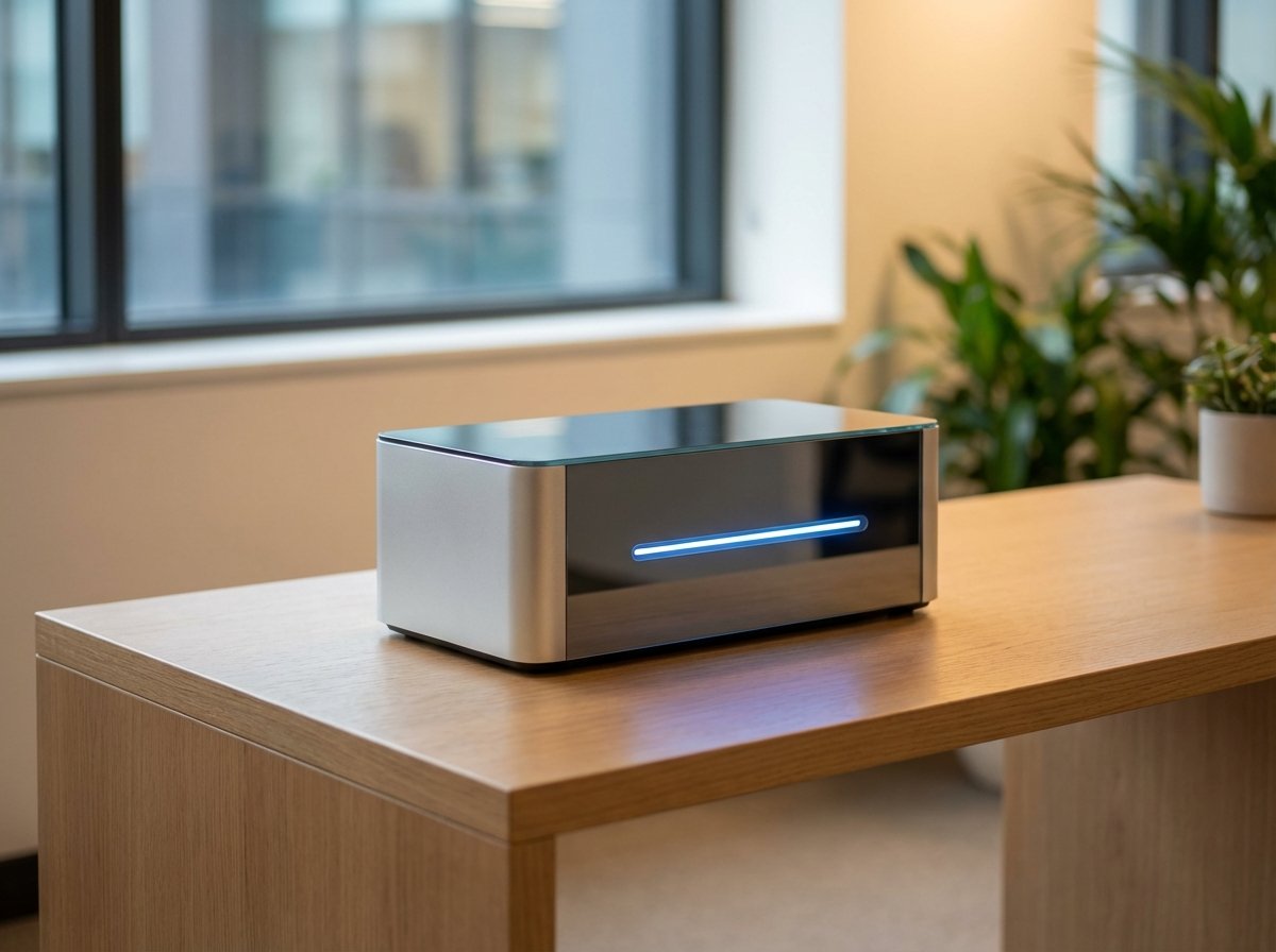 A futuristic and minimalist AI hardware device placed on a clean wooden desk, sleek design with soft ambient lighting, high-tech aesthetic, professional photography style, 4:3