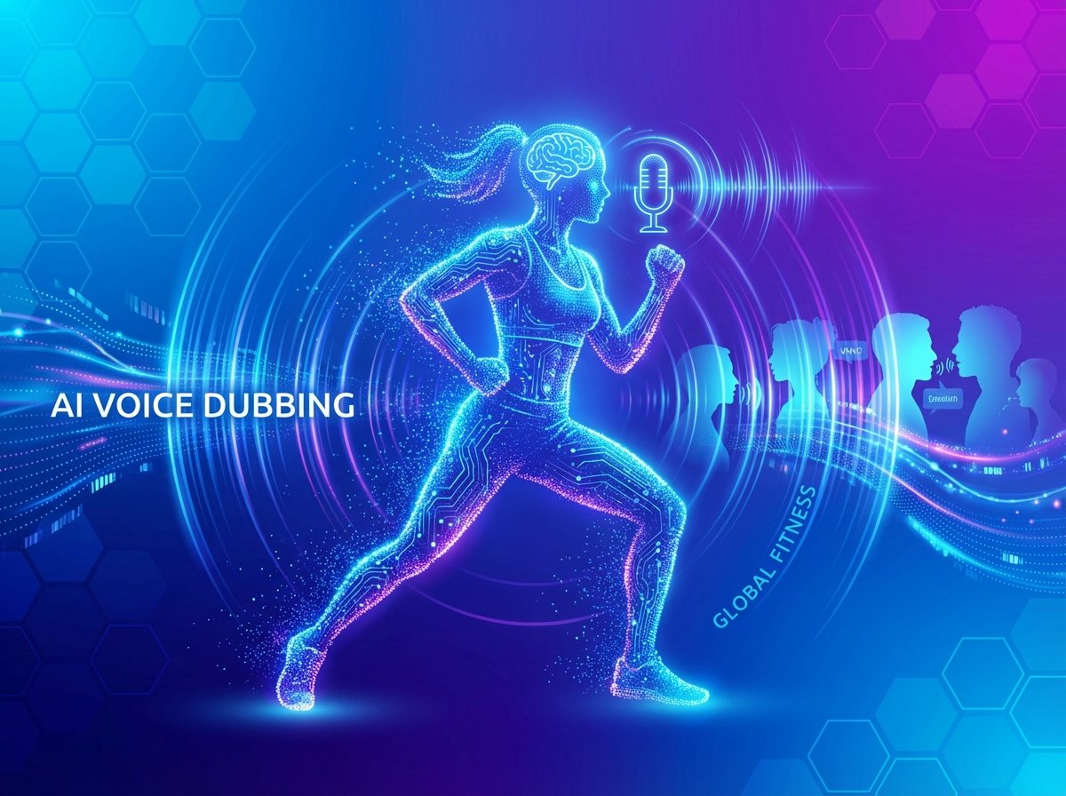 A creative illustration representing AI-powered voice dubbing. A digital silhouette of a fitness trainer surrounded by glowing sound waves and data particles. Modern tech vibes, vibrant blue and purple gradient background. 4:3