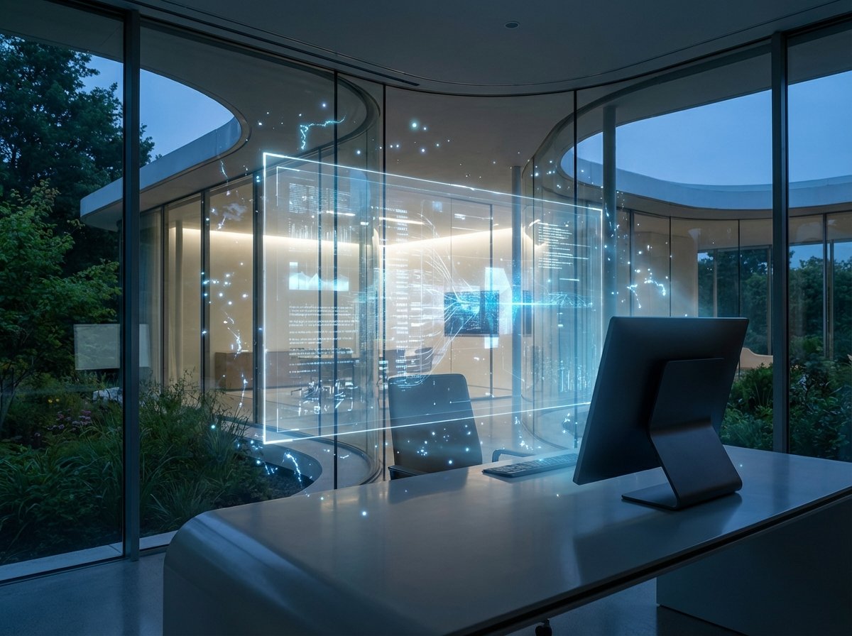 A futuristic and clean digital interface glowing with soft blue and white light inside a modern glass-walled office at Apple Park. The atmosphere is sophisticated and professional with subtle hints of artificial intelligence sparks around a sleek computer setup. No text. 4:3