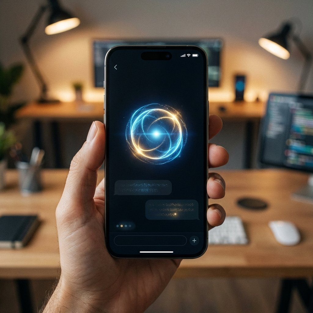 A high-end smartphone held by a hand showing a minimalist and secure chat interface with a glowing abstract orb at the center representing AI. The background is a blurred high-tech workspace with warm lighting. No text. 1:1