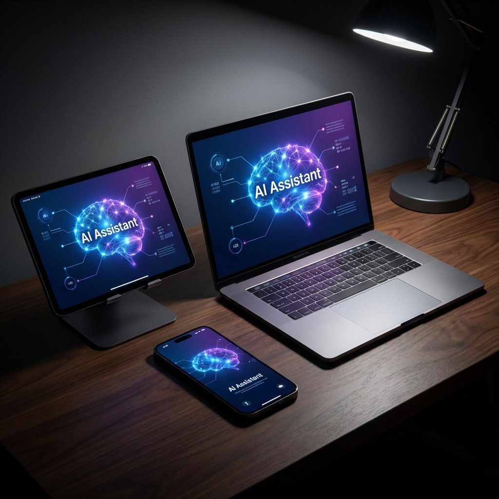 A sleek arrangement of an iPhone, iPad, and MacBook on a wooden desk, all showing a unified AI assistant interface with abstract blue and purple light patterns. Modern layout, high contrast, clean infographic style. 1:1