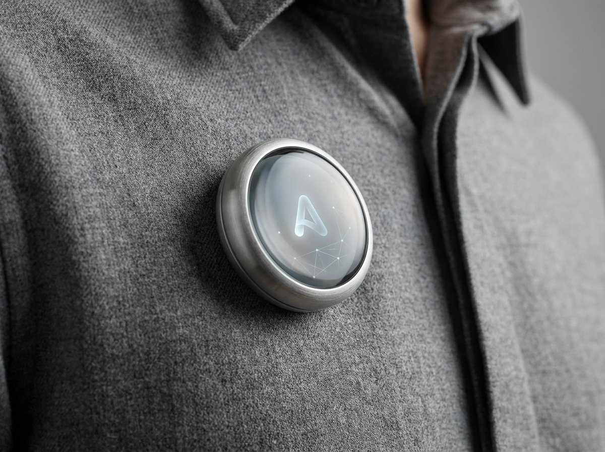 A sleek, circular wearable AI device made of aluminum and glass, attached to a modern shirt, soft studio lighting, high-quality material texture, 4:3
