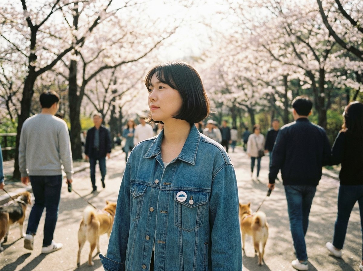 A Korean person walking in a bright park wearing a small circular pin on their jacket, natural daylight, lifestyle photography, 4:3