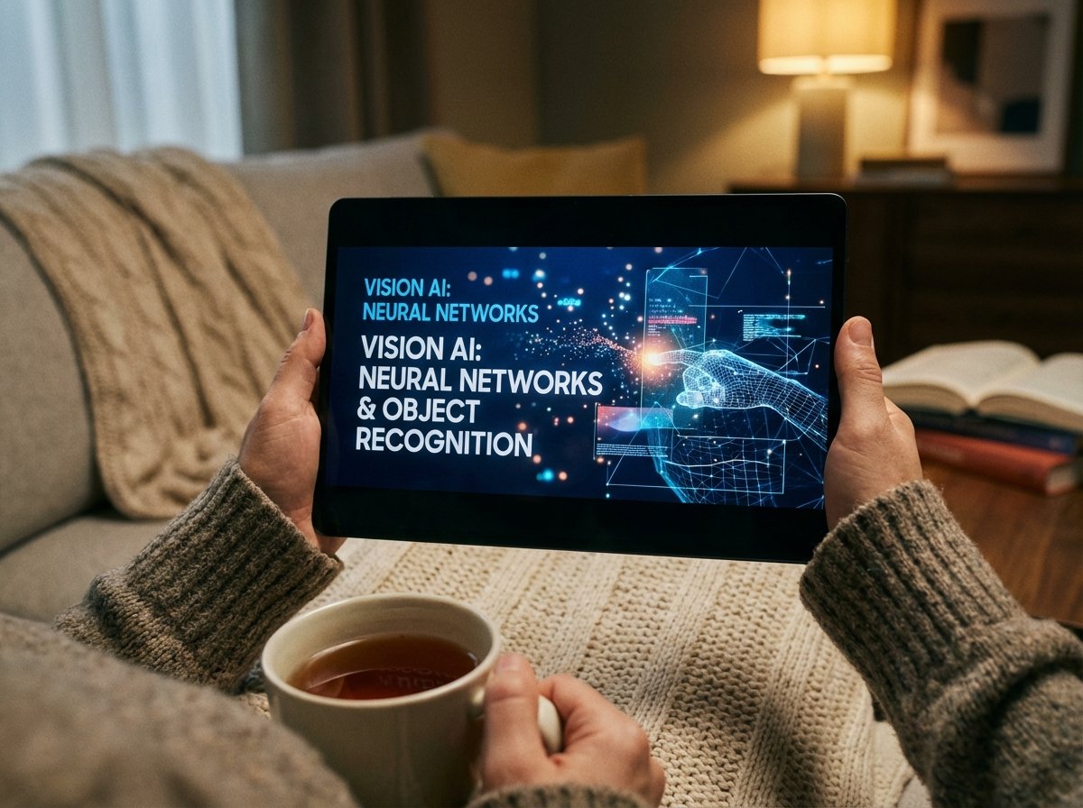 A person holding a Samsung Galaxy tablet watching a high-tech video about Vision AI, indoor cozy environment, close-up shot on the hands and device, soft focus background, 4:3