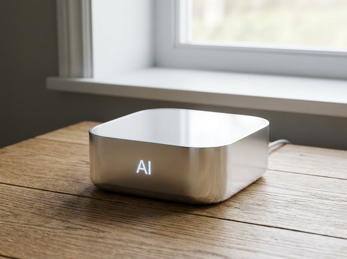 A minimalist and sleek AI hardware device concept designed in the style of Jony Ive, featuring premium materials like polished aluminum and glass, sitting on a wooden desk with soft natural lighting, high-end product photography, 4:3