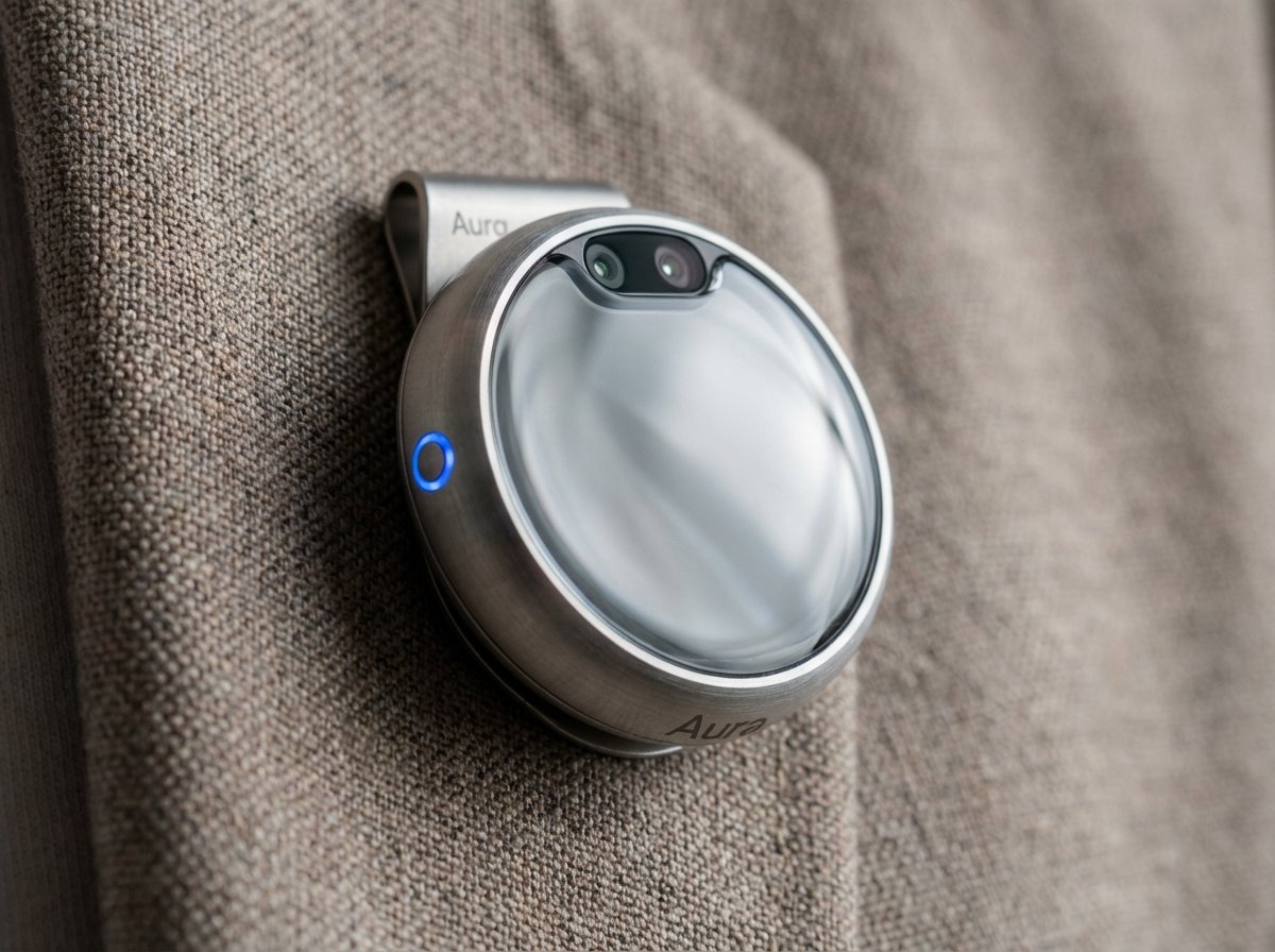 A small circular aluminum and glass wearable AI pin device similar in size to an AirTag with two tiny camera lenses on its surface, 4:3