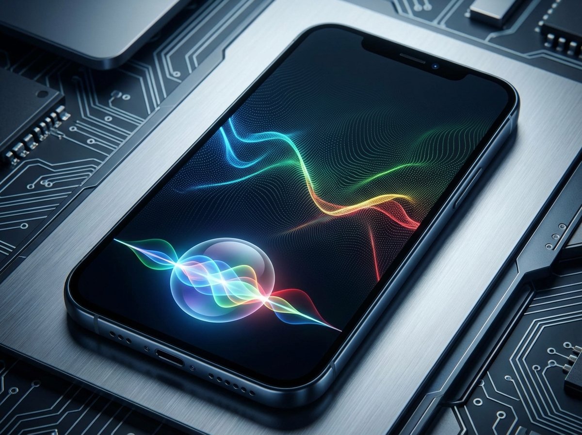A glowing Siri interface on an iPhone screen with colorful AI wave patterns symbolizing the integration of Google Gemini, modern and tech-focused aesthetic, no text. 4:3