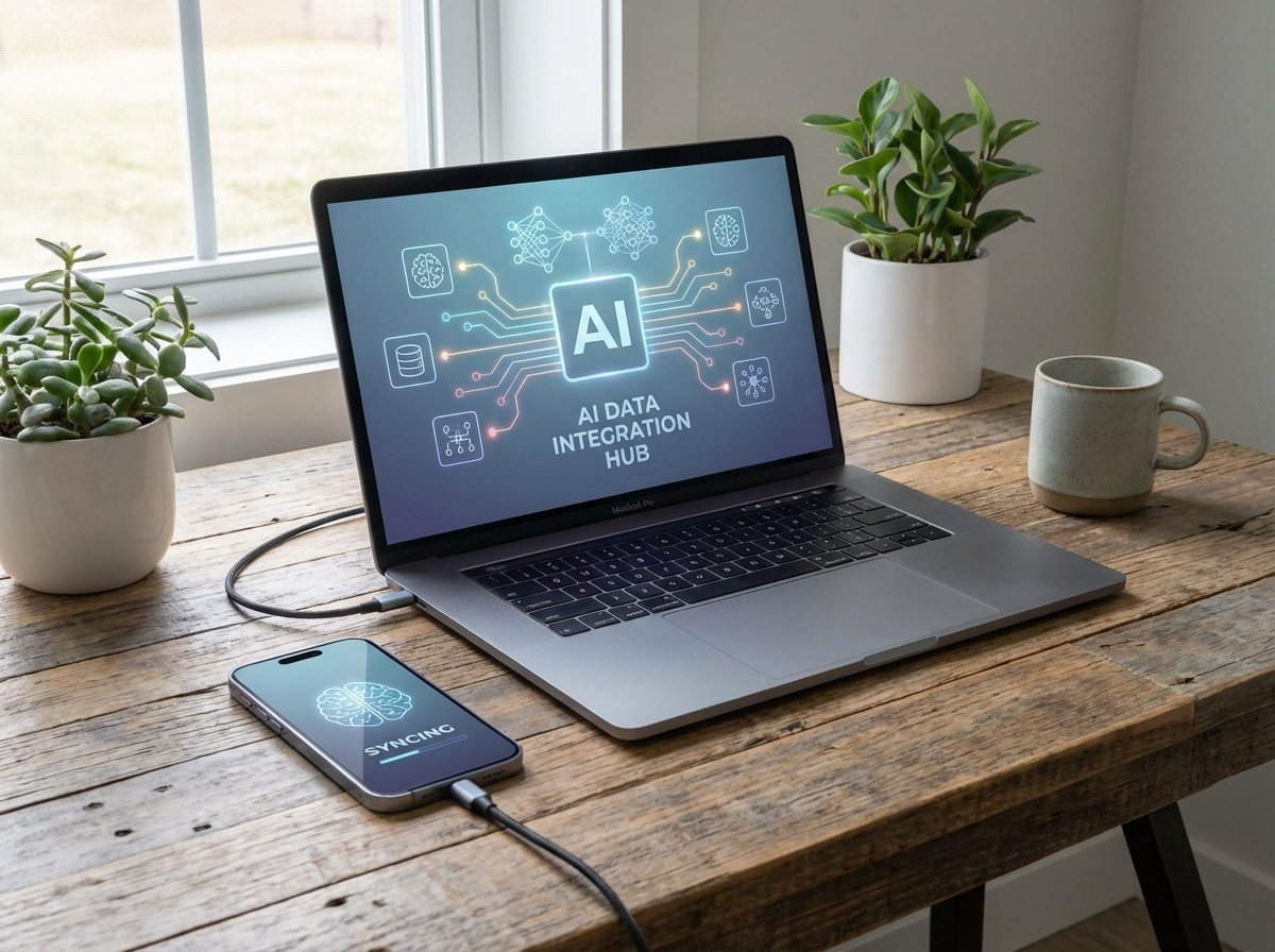 A laptop and an iPhone connected on a wooden desk, showing AI data integration symbols, clean and modern layout, 4:3