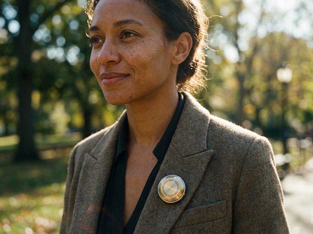 A close up of a stylish person wearing a small circular metallic wearable device on their lapel, walking through a sunlit park, cinematic photography, shallow depth of field, natural skin texture, 4:3
