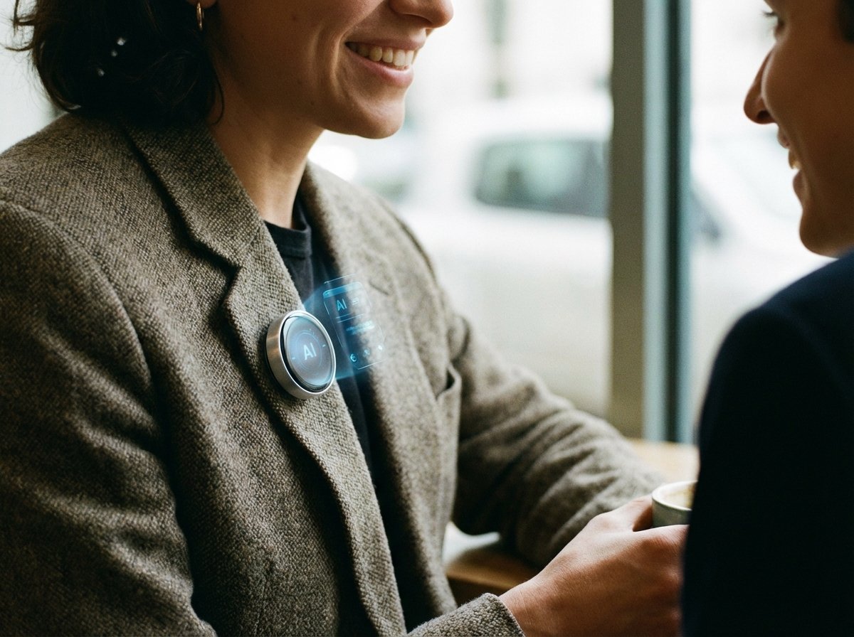 A small circular wearable AI device attached to a jacket lapel, aluminum and glass finish, futuristic design, lifestyle photography, 4:3