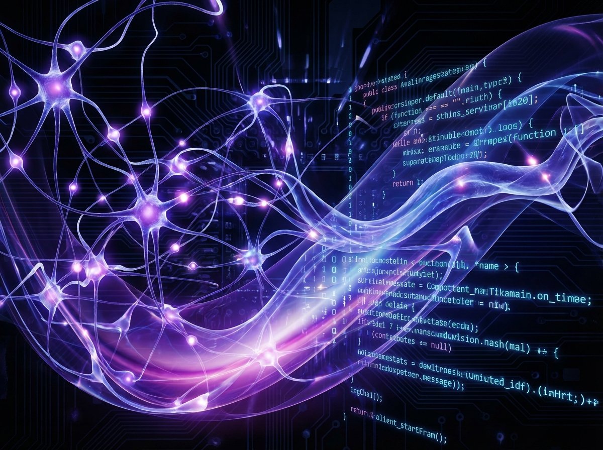 An abstract representation of AI neural networks merging with computer code, vibrant purple and blue colors, sleek digital art style, high contrast, 4:3