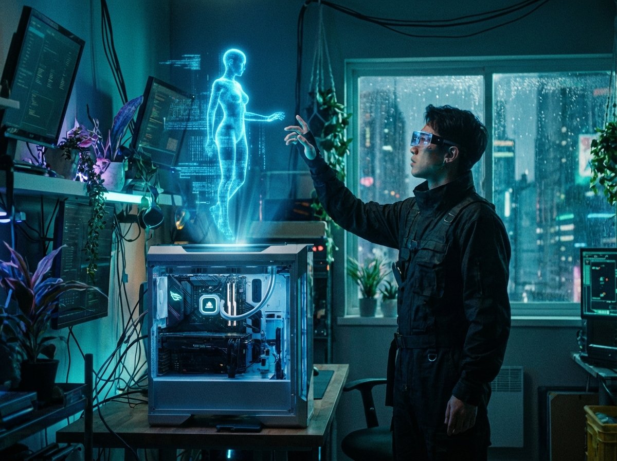 홀로그램 AI 비서와 소통하는 사용자